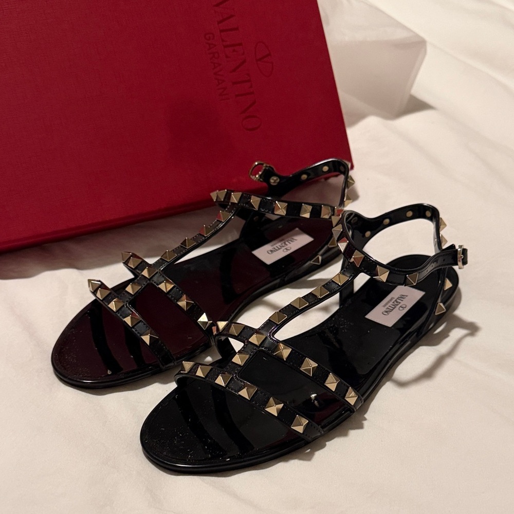 Valentino Garavani Black and Gold Studded PVC Sandals